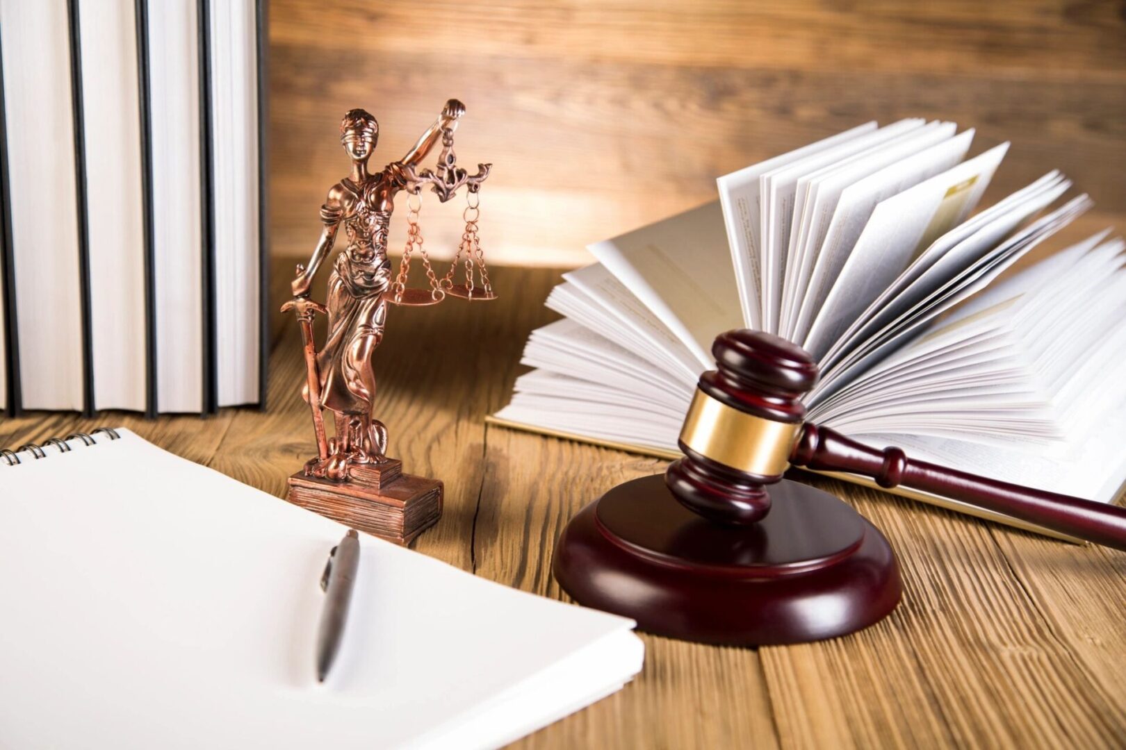 A judge 's gavel and statue of justice on top of papers.